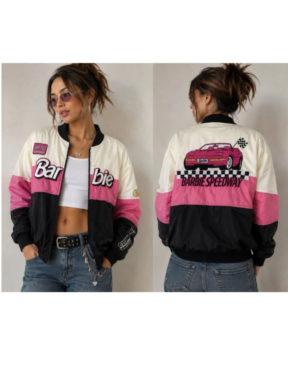 Barbie by PacSun Racing Bomber Jacket Pink Black Quilted Y2K Streetwear Small